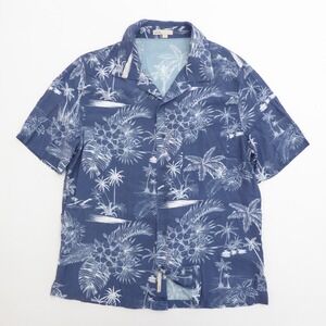 Onia Mens Blue Hawaiian Tropical Palm Tree Viscose Short Sleeve Camp Shirt Large